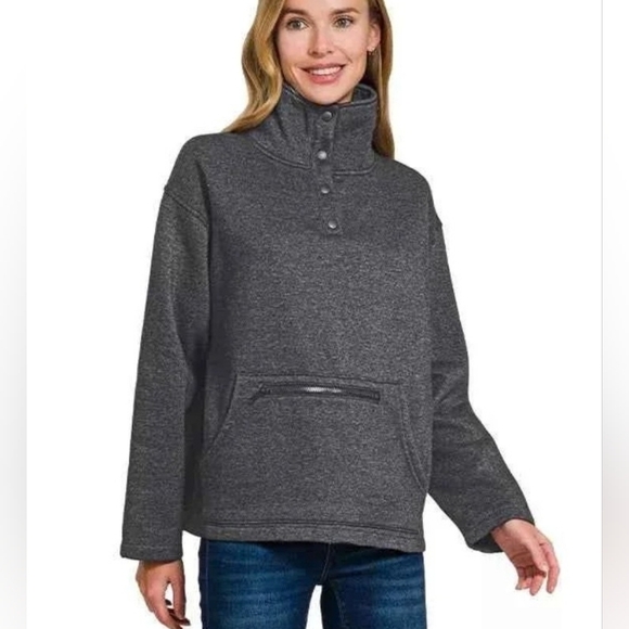 Zenana Outfitters Tops - Zenana New In Bag Charcoal Mock Neck Button-Up Sweatshirt Large PTP 25